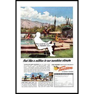 1953 Tucson Arizona Winter Vacation Vintage Print Ad Patio Pool Horseback Art